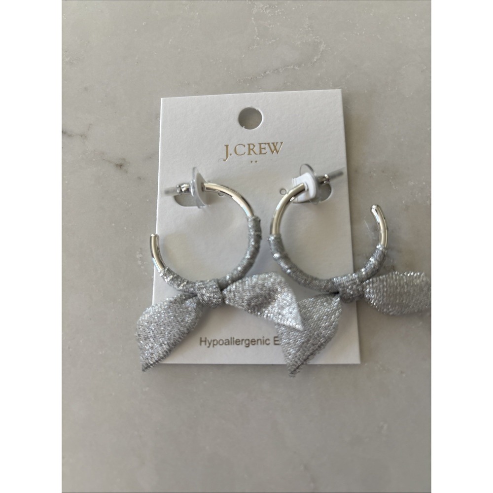 J.Crew Ribbon Wrapped Hoop Earrings in Bright Silver Silvertone Plated Brass NWT